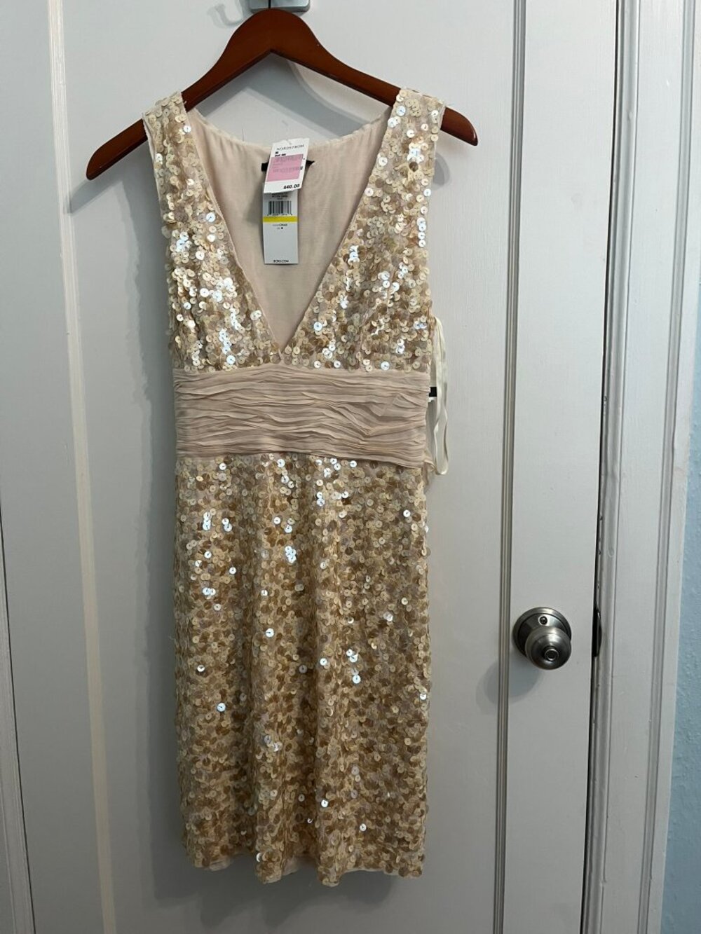 NWT BCBGMAXAZRIA Chalk Gold Sequin Dress Tie Waist Formal Sz M $440 Retail
